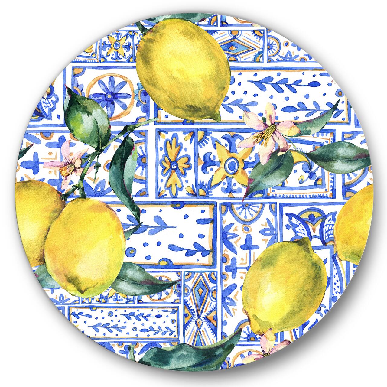 Designart - Lemon Ornament On Blue Geometrical Pattern I - Tropical Metal Circle Wall Art